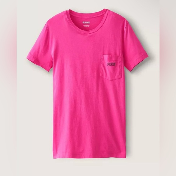VS VICTORIAS SECRET PINK CAMPUS SHORT SLEEVE TEE TOP NEON FUSCHIA DOG - Picture 2 of 3